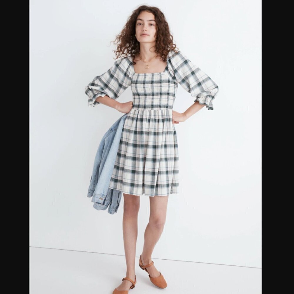 Madewell Lucie Elbow-Sleeve Smocked Mini Dress in Lebaum Plaid S